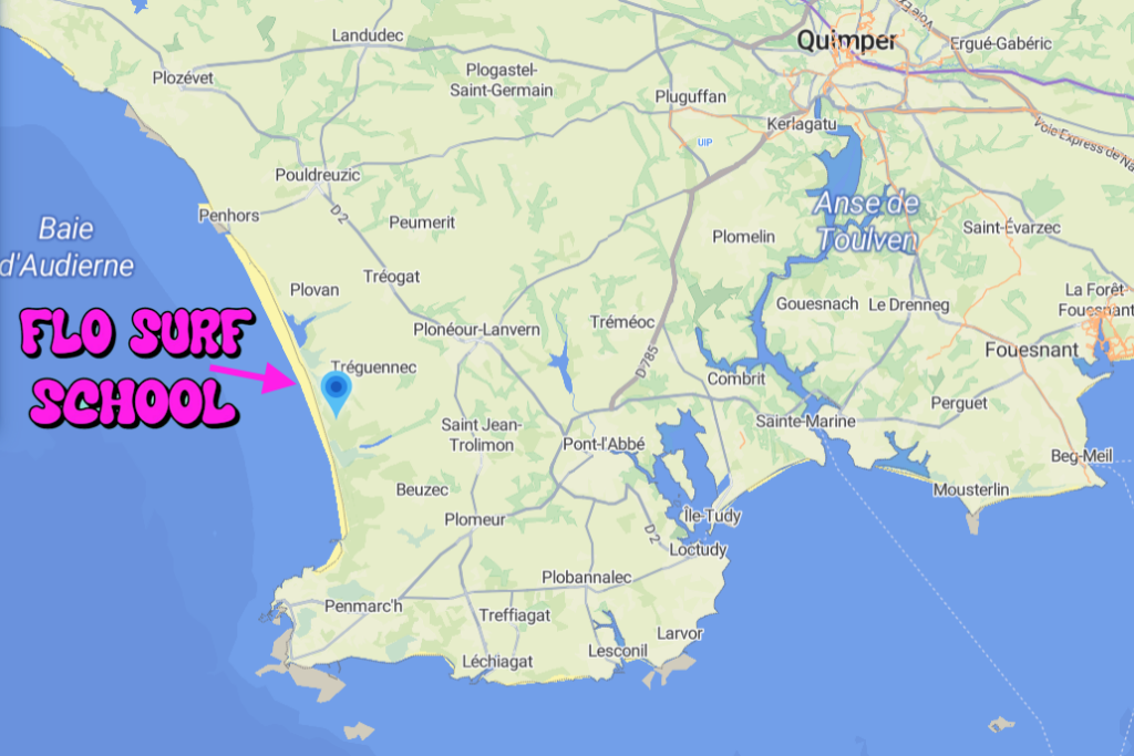 Situation de l'école de surf à Treguennec, entre Penhors et la Torche ; à quelques minutes de Penmarc'h, Pont l'Abbé, Plomeur, Quimper, Bénodet ...